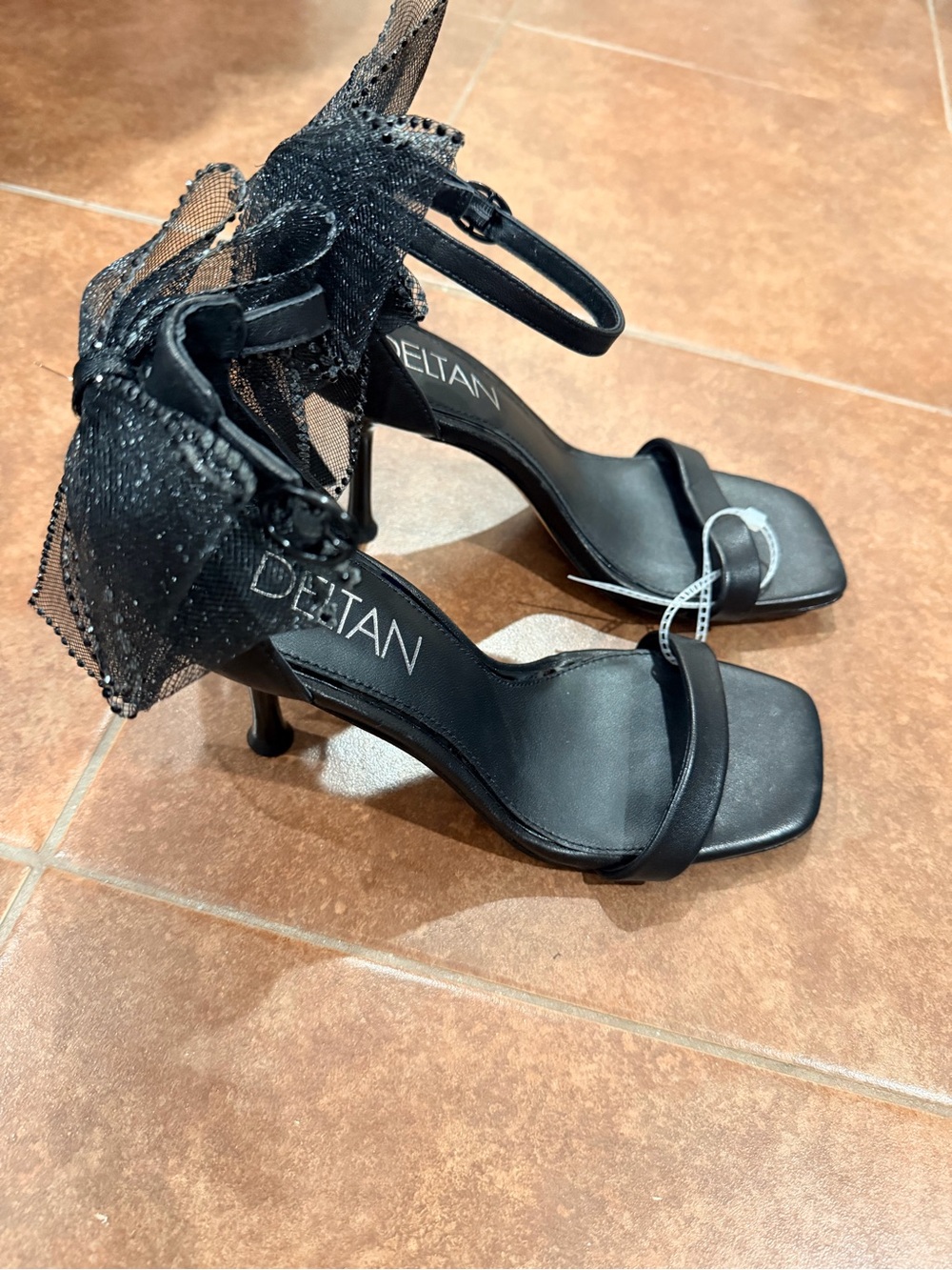 Deltan Black Bow Ankle-Strap Heeled Sandals